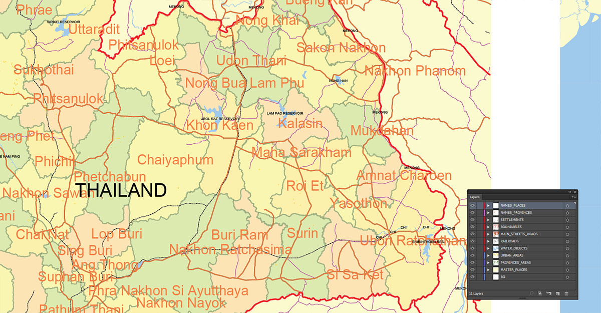 Thailand Map Vector Exact Low Detailed Road & Admin Map editable Adobe Illustrator and PDF in layers in 1 archive