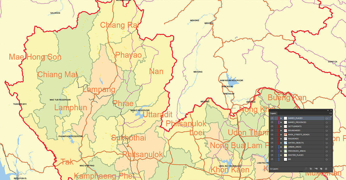 Thailand Map Vector Exact Low Detailed Road & Admin Map editable Adobe Illustrator and PDF in layers in 1 archive