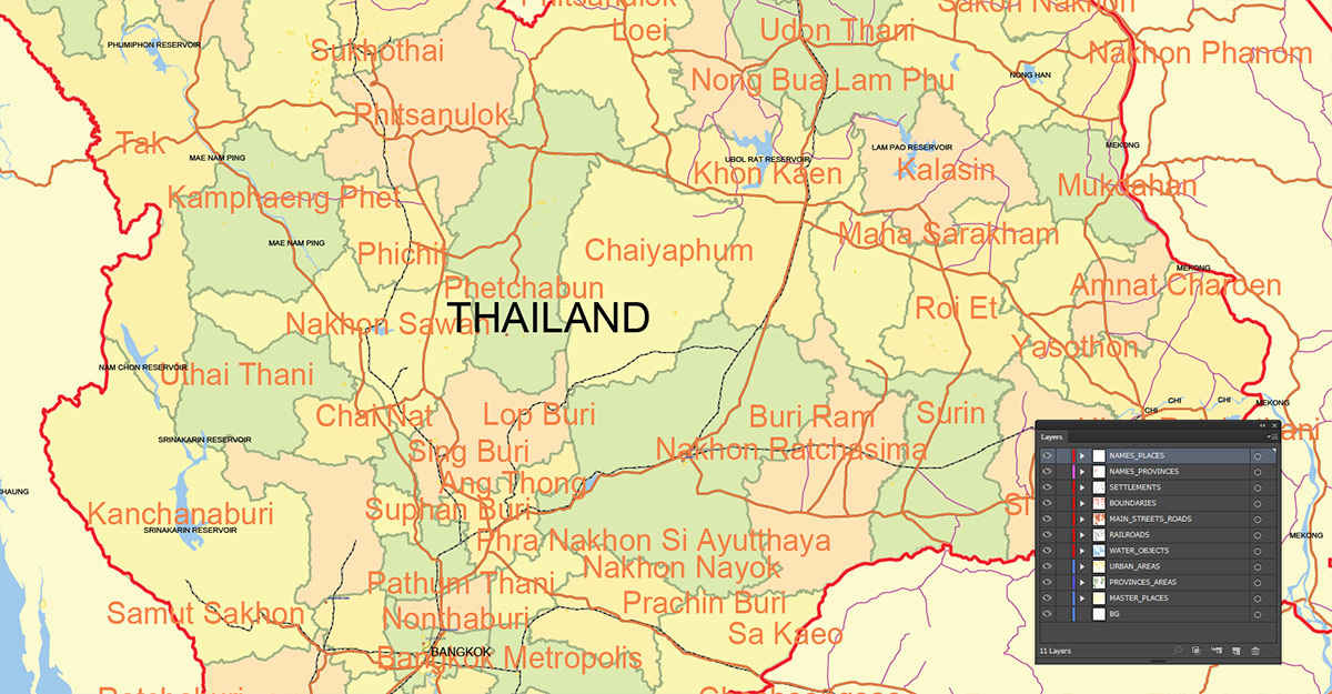 Thailand Map Vector Exact Low Detailed Road & Admin Map editable Adobe Illustrator and PDF in layers in 1 archive