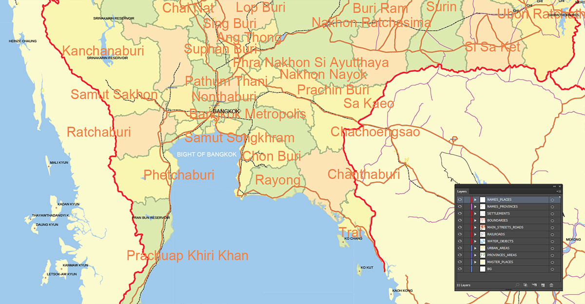 Thailand Map Vector Exact Low Detailed Road & Admin Map editable Adobe Illustrator and PDF in layers in 1 archive