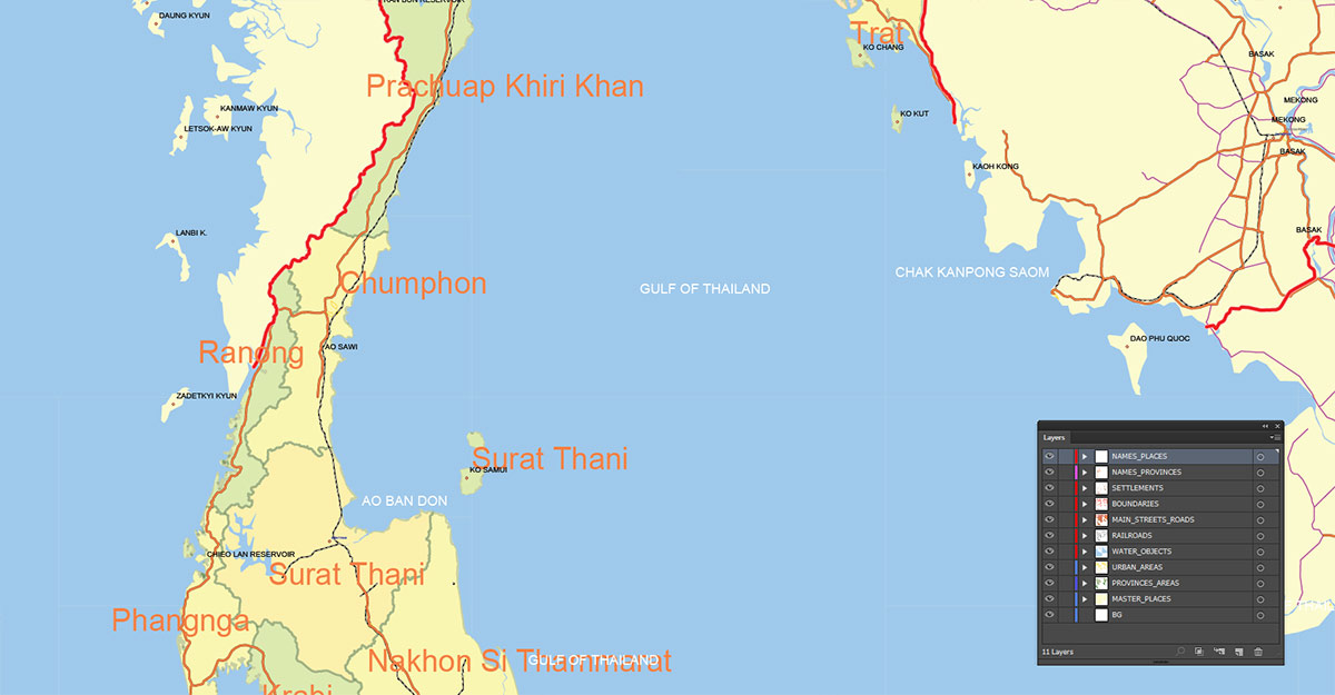 Thailand Map Vector Exact Low Detailed Road & Admin Map editable Adobe Illustrator and PDF in layers in 1 archive