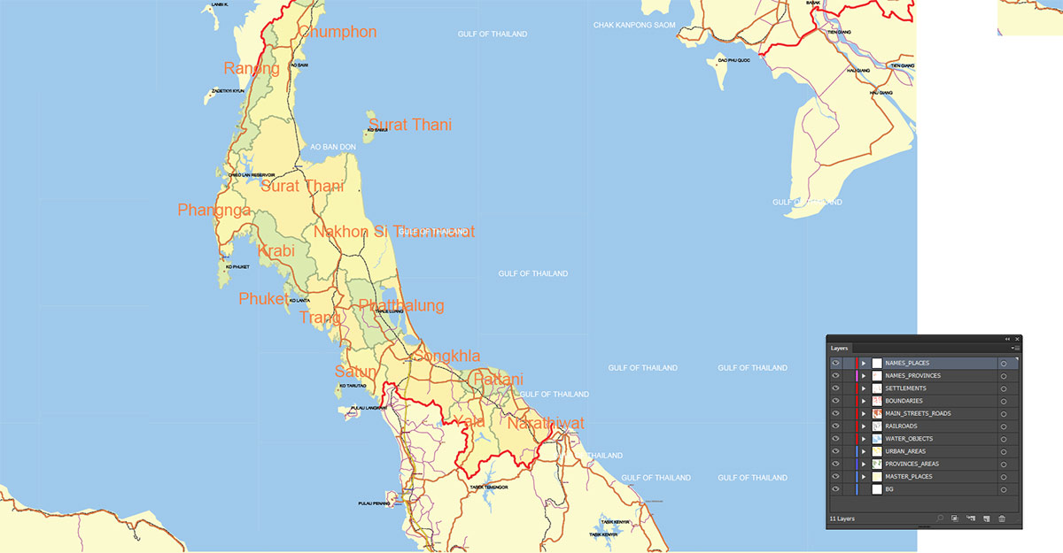 Thailand Map Vector Exact Low Detailed Road & Admin Map editable Adobe Illustrator and PDF in layers in 1 archive