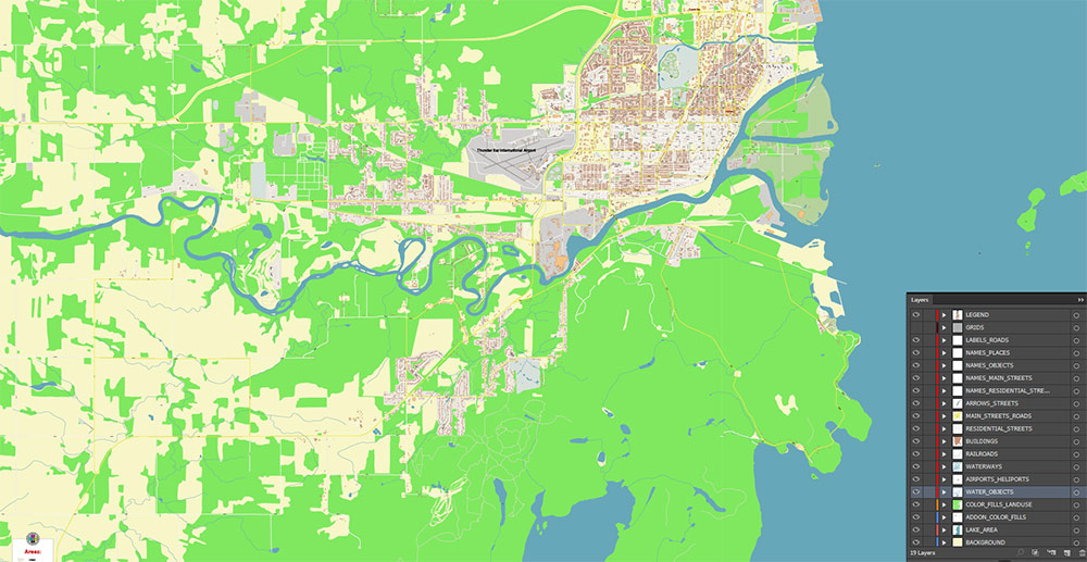 Thunder Bay Canada Vector Map Exact High Detailed Street Map editable Adobe Illustrator in layers