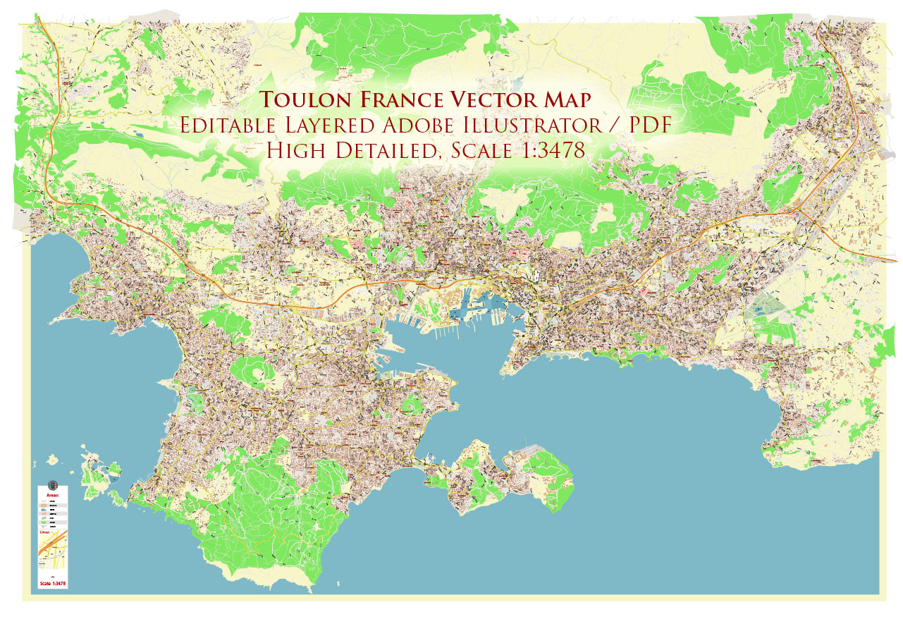 Toulon France Vector Map Exact High Detailed Street Map editable Adobe Illustrator in layers