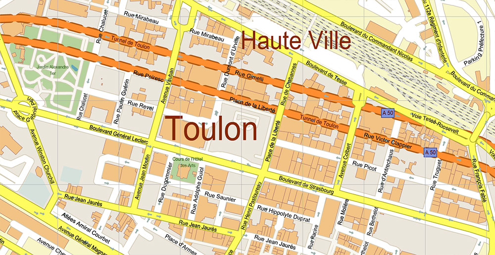 Toulon France Vector Map Exact High Detailed Street Map editable Adobe Illustrator in layers