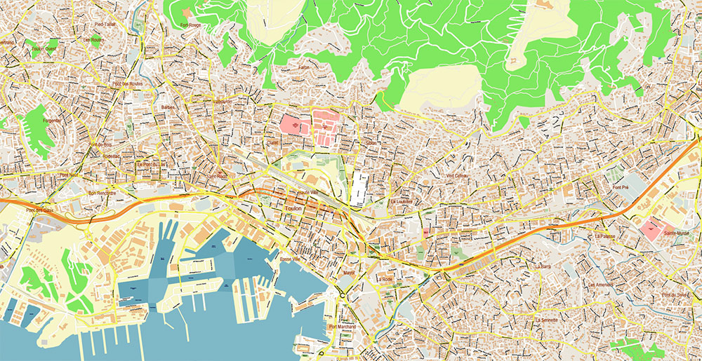 Toulon France Vector Map Exact High Detailed Street Map editable Adobe Illustrator in layers