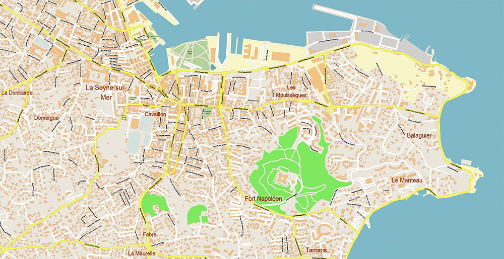 Toulon France Vector Map Exact High Detailed Street Map editable Adobe Illustrator in layers