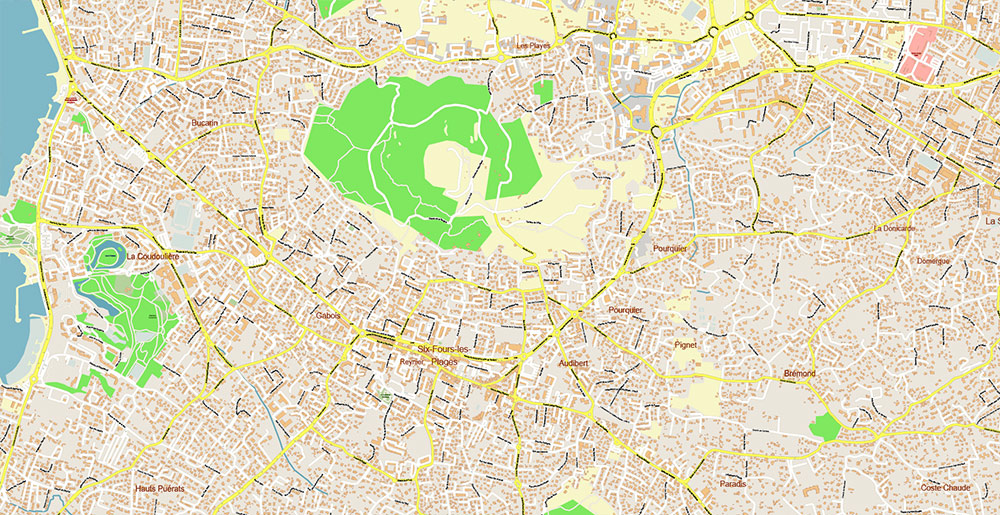 Toulon France Vector Map Exact High Detailed Street Map editable Adobe Illustrator in layers