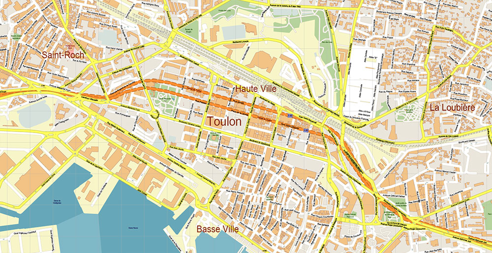 Toulon France Vector Map Exact High Detailed Street Map editable Adobe Illustrator in layers
