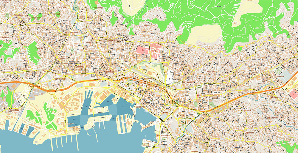 Toulon France Vector Map Exact High Detailed Street Map editable Adobe Illustrator in layers