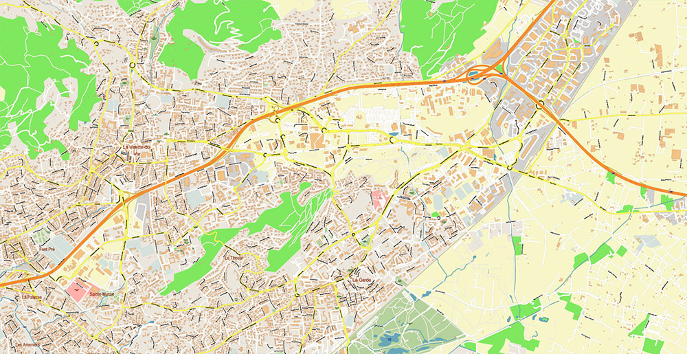 Toulon France Vector Map Exact High Detailed Street Map editable Adobe Illustrator in layers