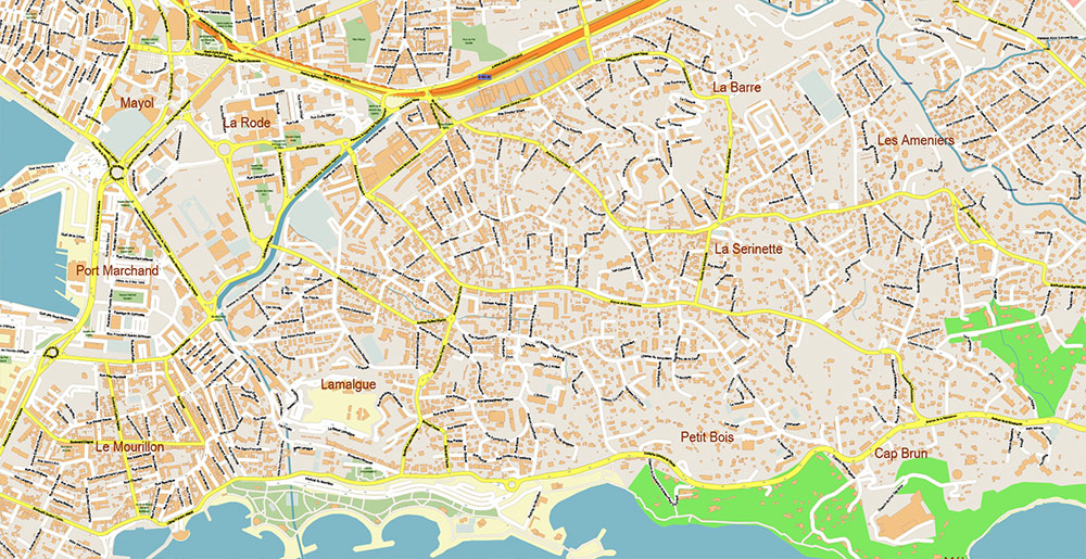 Toulon France Vector Map Exact High Detailed Street Map editable Adobe Illustrator in layers