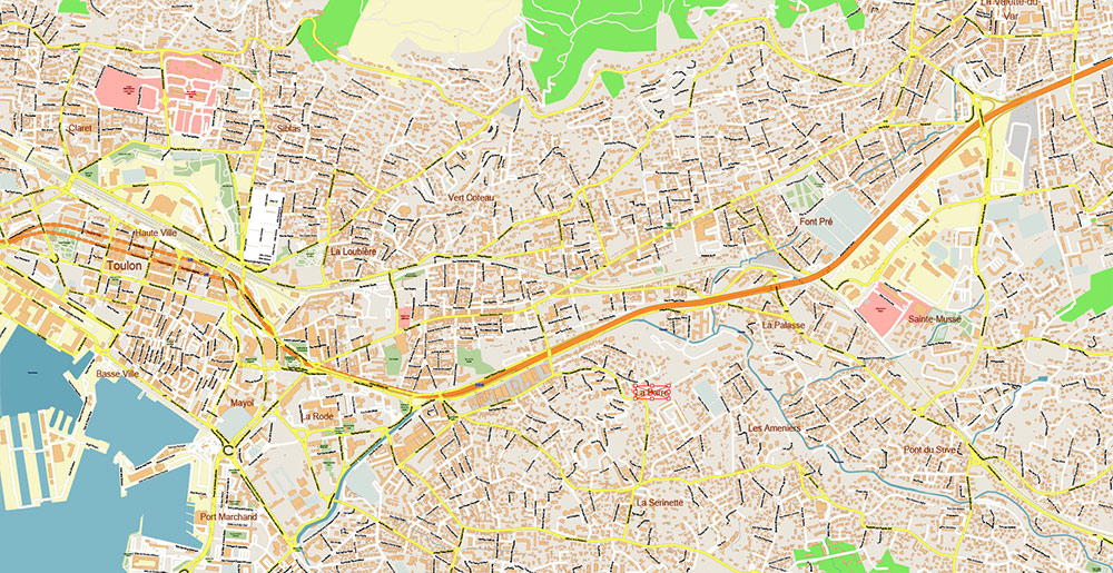Toulon France Vector Map Exact High Detailed Street Map editable Adobe Illustrator in layers