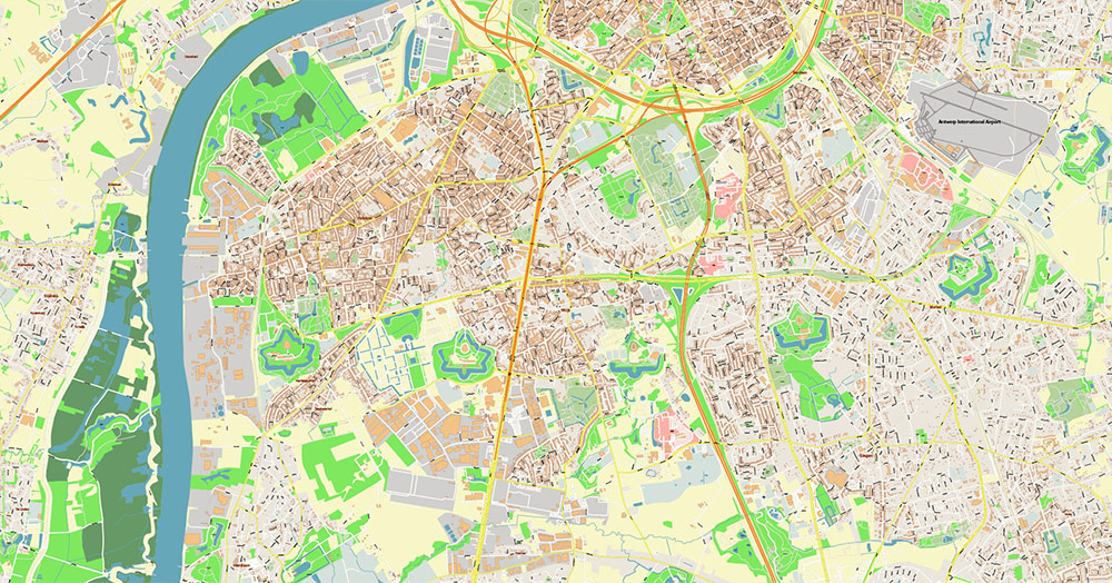 Antwerpen Belgium Vector Map exact detailed City Plan editable Layered Adobe Illustrator Street Map