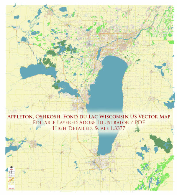 Appleton, Oshkosh, Fond du Lac Wisconsin USA Vector Map: Exact High Detailed Street Map editable Adobe Illustrator in layers Appleton, Oshkosh, Fond du Lac Wisconsin USA Vector Map: Exact High Detailed Street Map editable Adobe Illustrator in layers