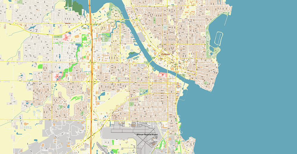 Appleton, Oshkosh, Fond du Lac Wisconsin USA Vector Map: Exact High Detailed Street Map editable Adobe Illustrator in layers