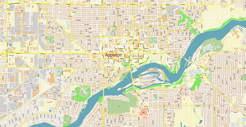 Appleton, Oshkosh, Fond du Lac Wisconsin USA Vector Map: Exact High Detailed Street Map editable Adobe Illustrator in layers
