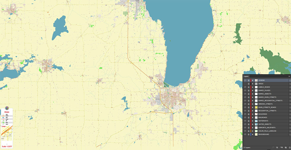 Appleton, Oshkosh, Fond du Lac Wisconsin USA Vector Map: Exact High Detailed Street Map editable Adobe Illustrator in layers