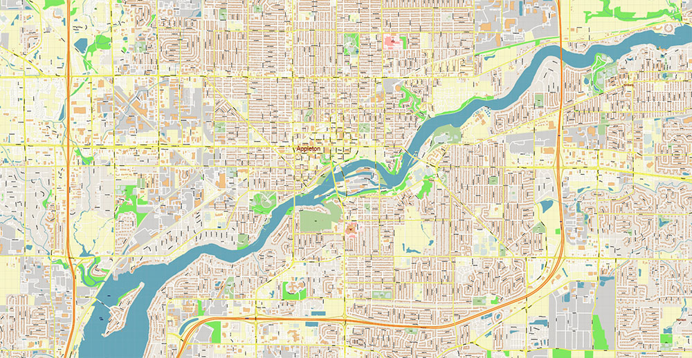 Appleton, Oshkosh, Fond du Lac Wisconsin USA Vector Map: Exact High Detailed Street Map editable Adobe Illustrator in layers