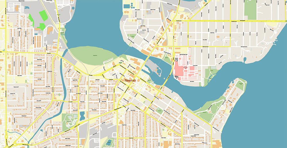 Appleton, Oshkosh, Fond du Lac Wisconsin USA Vector Map: Exact High Detailed Street Map editable Adobe Illustrator in layers