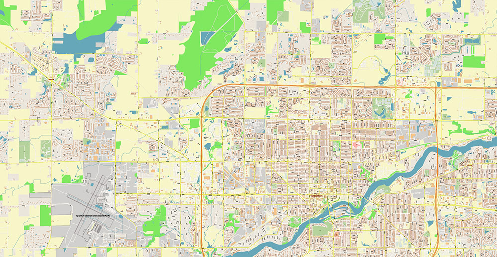 Appleton, Oshkosh, Fond du Lac Wisconsin USA Vector Map: Exact High Detailed Street Map editable Adobe Illustrator in layers