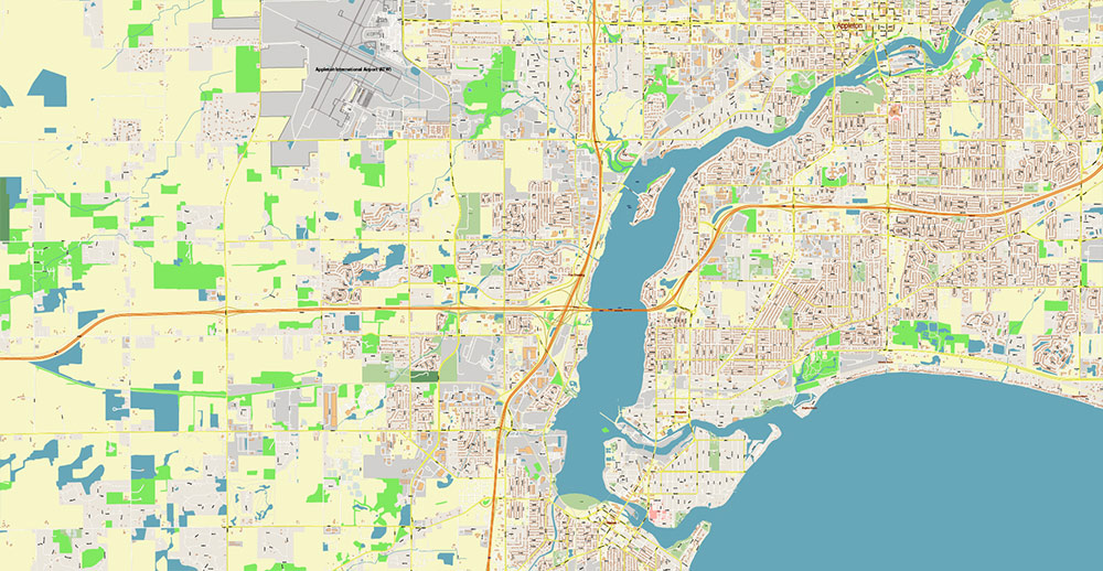 Appleton, Oshkosh, Fond du Lac Wisconsin USA Vector Map: Exact High Detailed Street Map editable Adobe Illustrator in layers