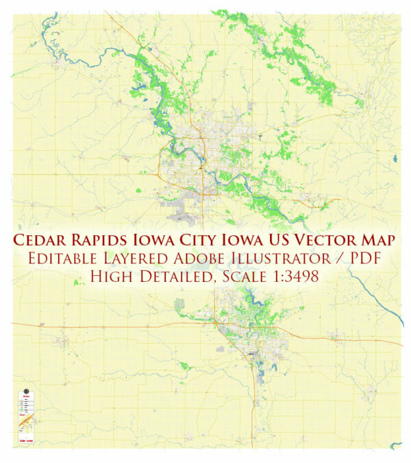 Cedar Rapids and Iowa City Iowa USA Exact High Detailed Street Map editable Adobe Illustrator in layers