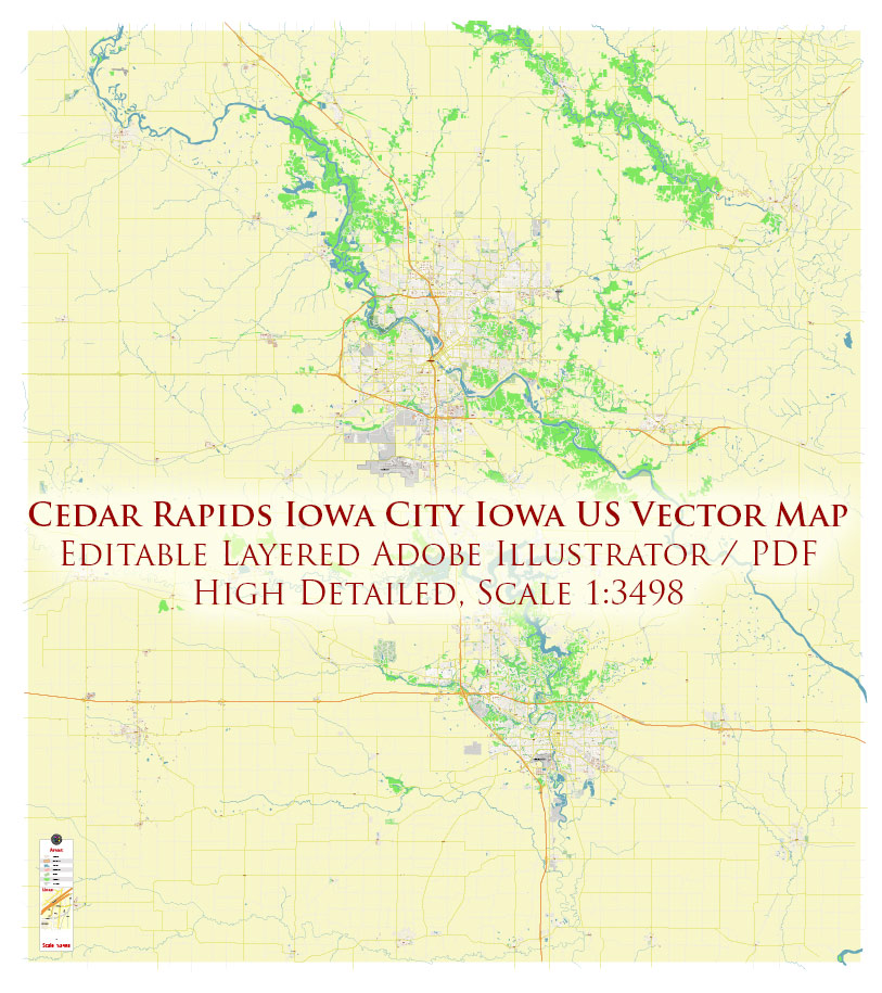 Cedar Rapids and Iowa City Iowa USA Exact High Detailed Street Map editable Adobe Illustrator in layers