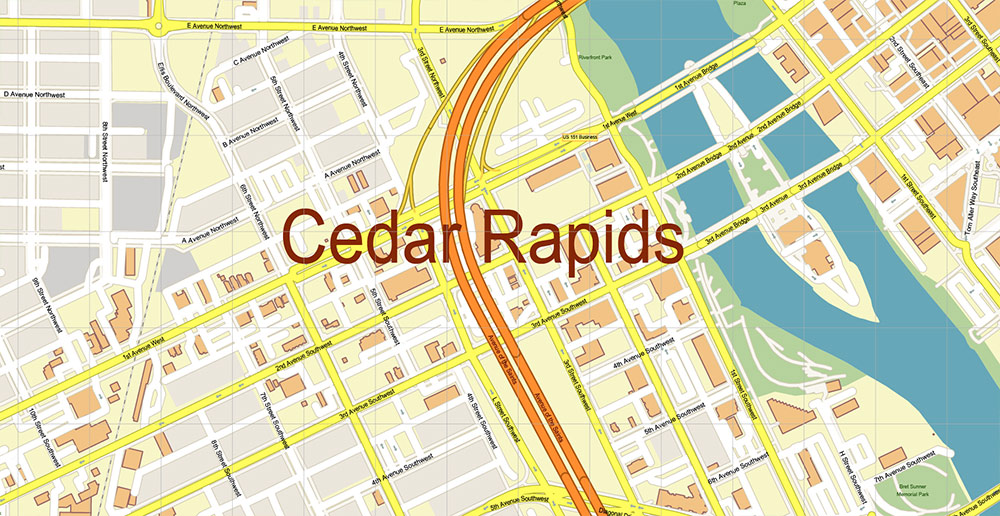Cedar Rapids and Iowa City Iowa USA Exact High Detailed Street Map editable Adobe Illustrator in layers