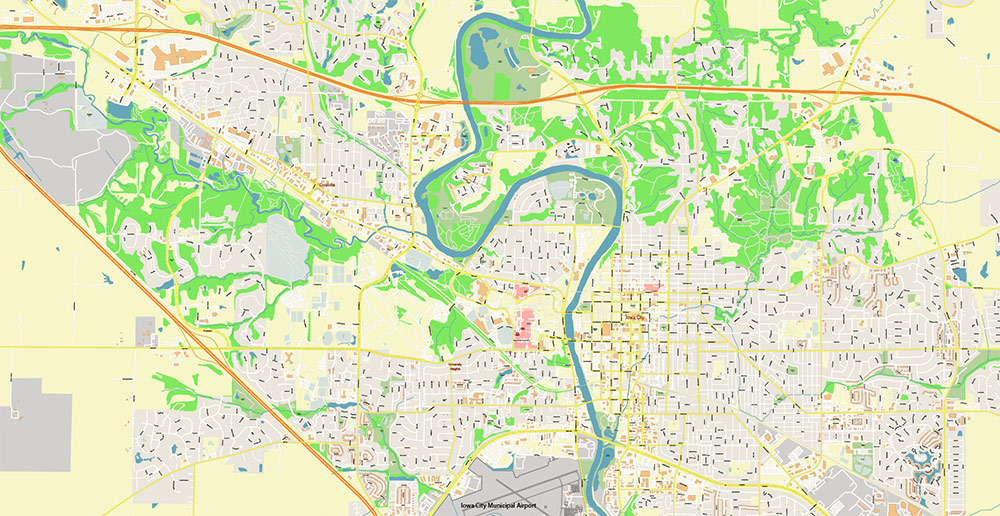 Cedar Rapids and Iowa City Iowa USA Exact High Detailed Street Map editable Adobe Illustrator in layers