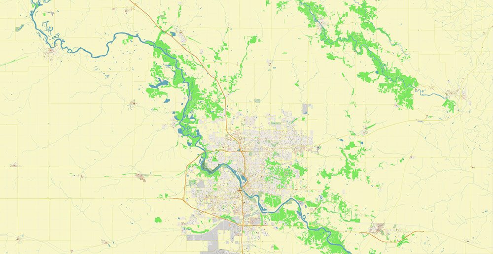 Cedar Rapids and Iowa City Iowa USA Exact High Detailed Street Map editable Adobe Illustrator in layers
