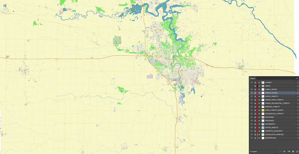 Cedar Rapids and Iowa City Iowa USA Exact High Detailed Street Map editable Adobe Illustrator in layers