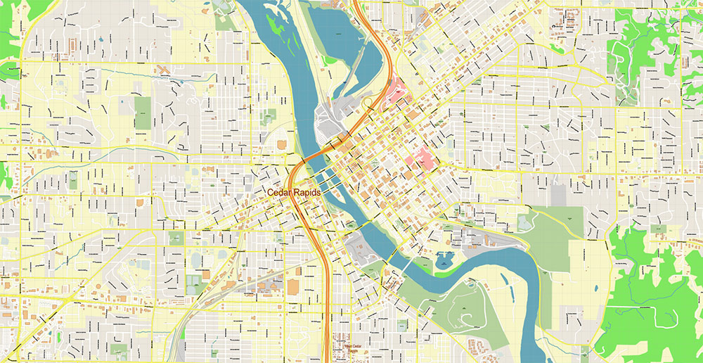 Cedar Rapids and Iowa City Iowa USA Exact High Detailed Street Map editable Adobe Illustrator in layers