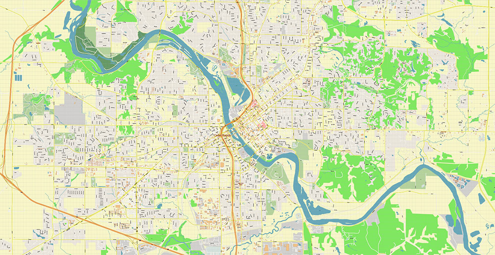 Cedar Rapids and Iowa City Iowa USA Exact High Detailed Street Map editable Adobe Illustrator in layers