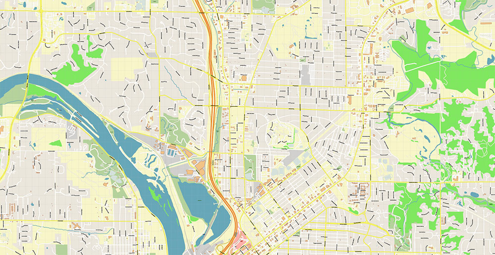 Cedar Rapids and Iowa City Iowa USA Exact High Detailed Street Map editable Adobe Illustrator in layers