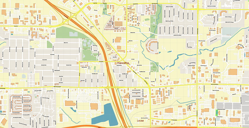 Cedar Rapids and Iowa City Iowa USA Exact High Detailed Street Map editable Adobe Illustrator in layers