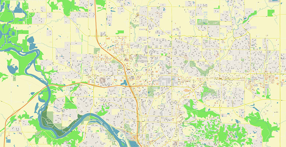 Cedar Rapids and Iowa City Iowa USA Exact High Detailed Street Map editable Adobe Illustrator in layers