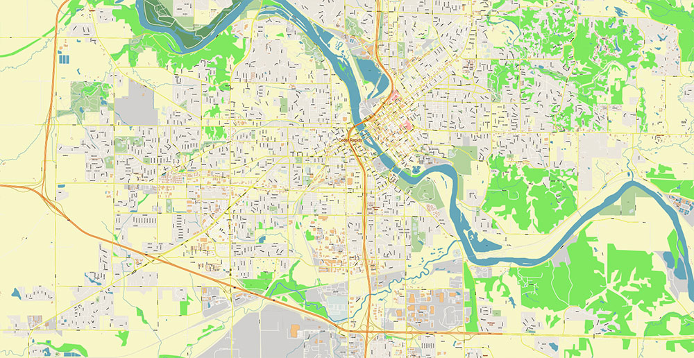 Cedar Rapids and Iowa City Iowa USA Exact High Detailed Street Map editable Adobe Illustrator in layers