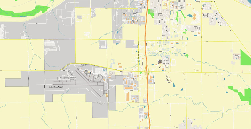 Cedar Rapids and Iowa City Iowa USA Exact High Detailed Street Map editable Adobe Illustrator in layers