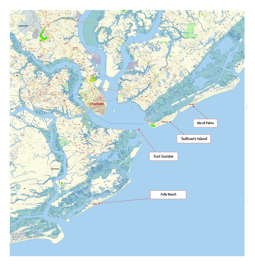 Charleston South Carolina USA - part - Vector Map Exact High Detailed Street Map editable Adobe Illustrator and PDF in layers