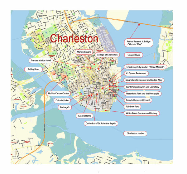 Charleston South Carolina USA - part - Vector Map Exact High Detailed Street Map editable Adobe Illustrator and PDF in layers Charleston South Carolina USA - part - Vector Map Exact High Detailed Street Map editable Adobe Illustrator and PDF in layers