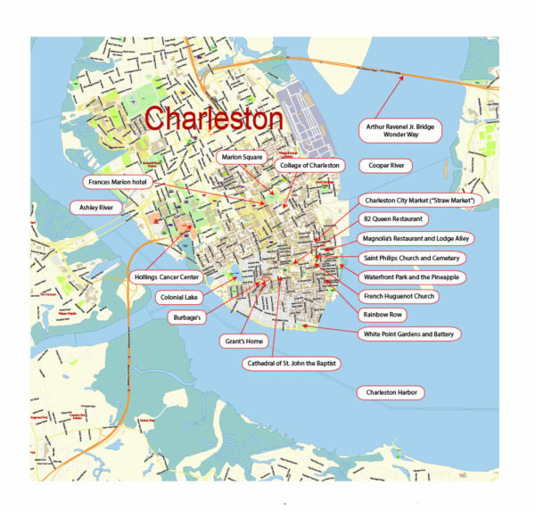 Charleston South Carolina USA - part - Vector Map Exact High Detailed Street Map editable Adobe Illustrator and PDF in layers Charleston South Carolina USA - part - Vector Map Exact High Detailed Street Map editable Adobe Illustrator and PDF in layers