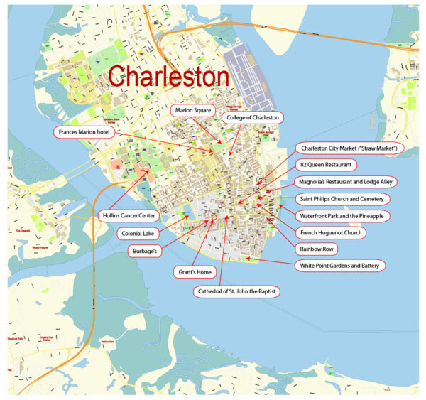 Charleston South Carolina USA - part - Vector Map Exact High Detailed Street Map editable Adobe Illustrator and PDF in layers