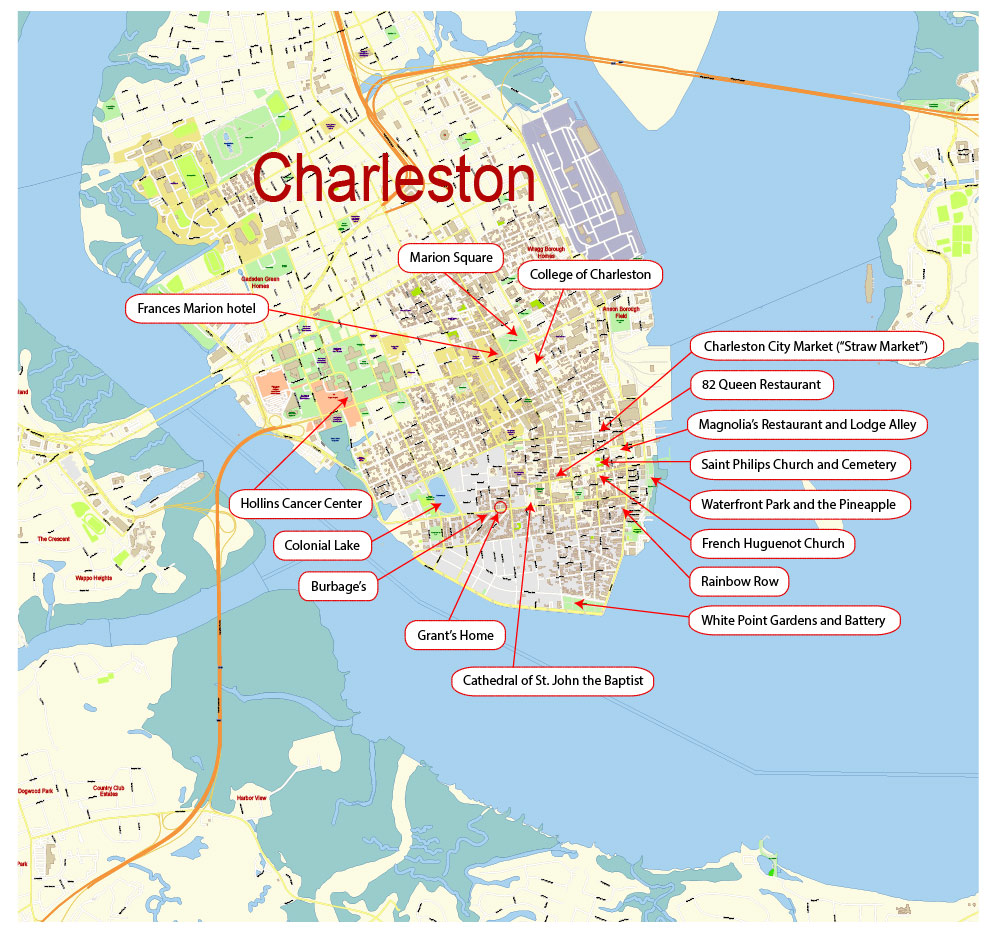 Charleston South Carolina USA - part - Vector Map Exact High Detailed Street Map editable Adobe Illustrator and PDF in layers Charleston South Carolina USA - part - Vector Map Exact High Detailed Street Map editable Adobe Illustrator and PDF in layers
