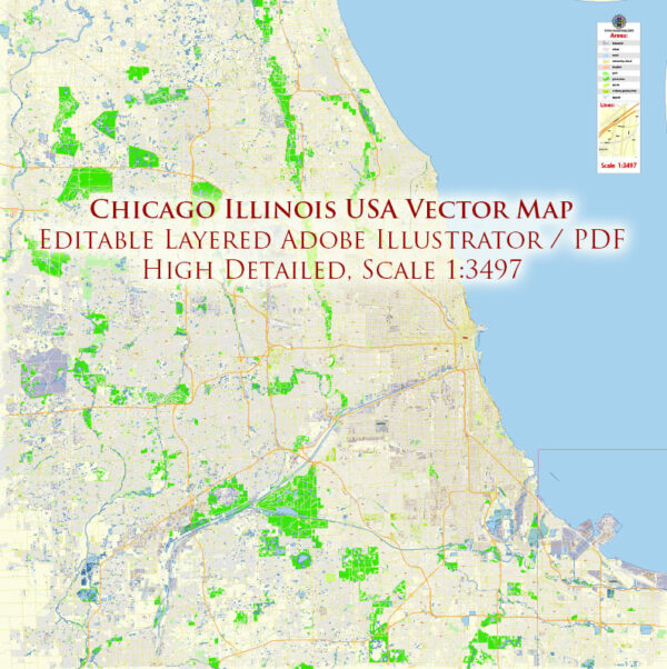 Chicago Illinois USA Vector Map: Exact High Detailed Street Map ...