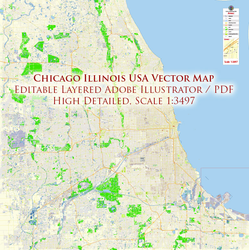 Chicago Illinois USA Vector Map: Exact High Detailed Street Map editable Adobe Illustrator in layers