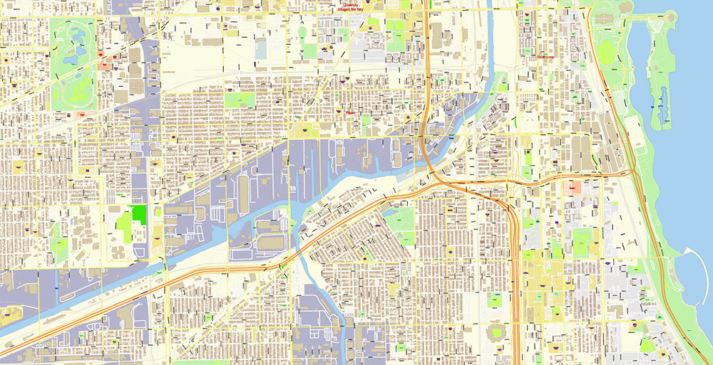 Chicago Illinois USA Vector Map: Exact High Detailed Street Map editable Adobe Illustrator in layers