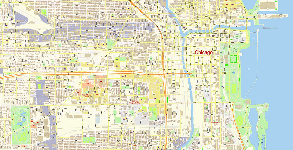 Chicago Illinois USA Vector Map: Exact High Detailed Street Map editable Adobe Illustrator in layers
