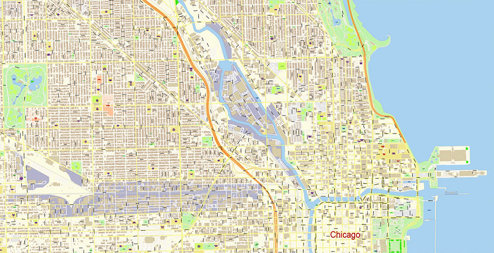 Chicago Illinois USA Vector Map: Exact High Detailed Street Map editable Adobe Illustrator in layers