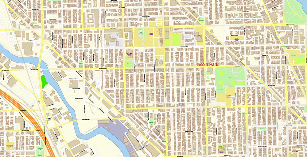 Chicago Illinois USA Vector Map: Exact High Detailed Street Map editable Adobe Illustrator in layers